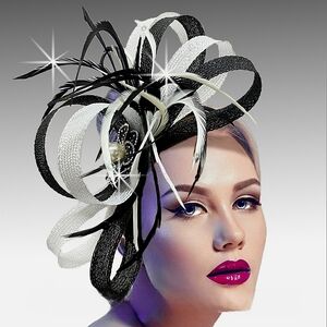 Beloved Millinery Gorgeous Black White Couture Fascinator Hat Jeweled Ribbons
